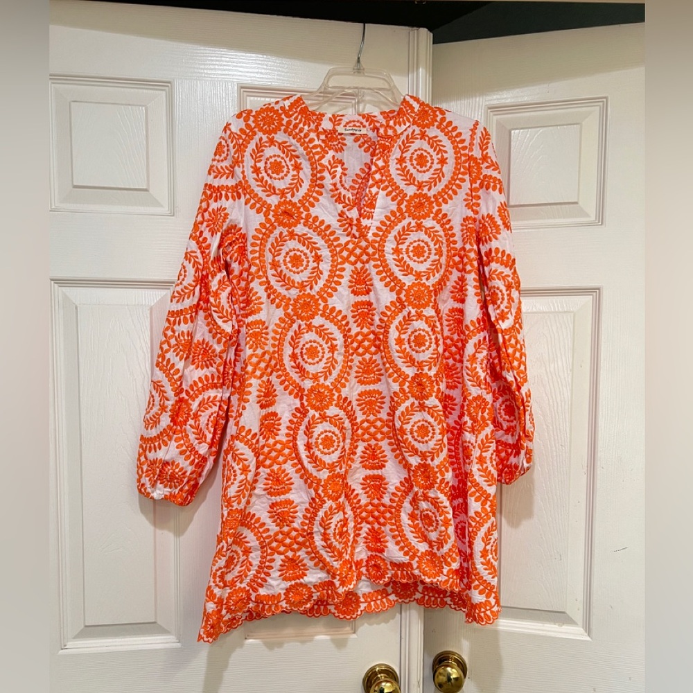 Sunday Up cotton Orange White Floral Embroidered Boho mini babydoll‎ dress small